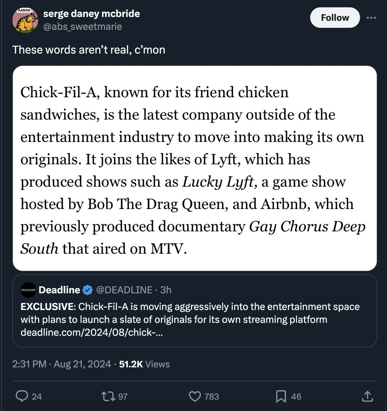 screenshot - serge daney mcbride These words aren't real, c'mon ChickFilA, known for its friend chicken sandwiches, is the latest company outside of the entertainment industry to move into making its own originals. It joins the of Lyft, which has produced